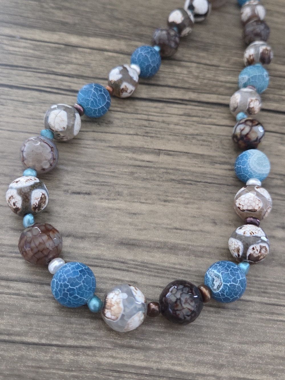 Beach Agate Necklace -Blue and Brown Stone Bead OOAK